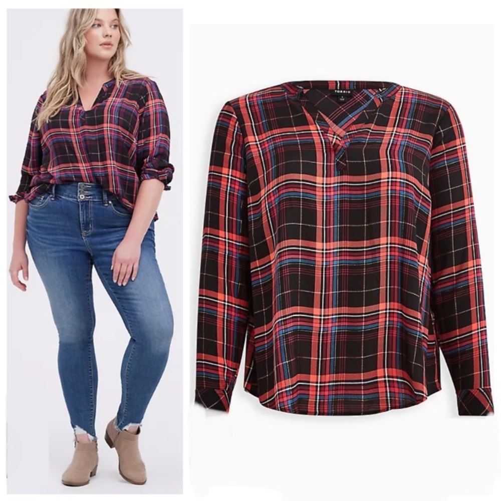 NWT TORRID Blouse - Georgette Plaid Foil Black
